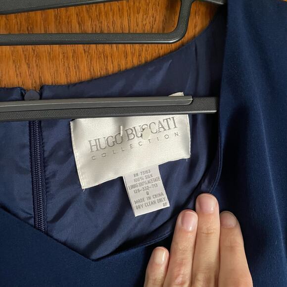 Vintage Hugo Buscati Collection 100% Silk Blue Dress Cocktail Size 8 V-Neck - Picture 2 of 9
